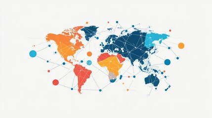 Fototapeta premium Global Network Connection: A vibrant, stylized world map showcasing interconnectedness through a network of lines and nodes, symbolizing global communication, collaboration.