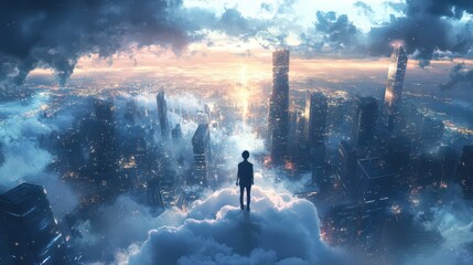 Dreamy Cityscape Above the Clouds at Sunrise