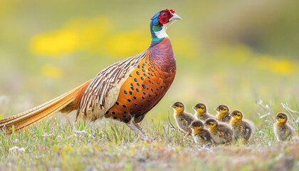 Fototapeta premium Male common pheasant walking in a meadow with chicks