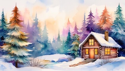 Naklejka premium Vibrant watercolor painting of A cozy cabin nestled in the heart of an enchanted winter forest