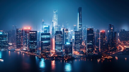 Fototapeta premium A futuristic cityscape at night, with skyscrapers illuminated by bright lights, showcasing innovative architecture.