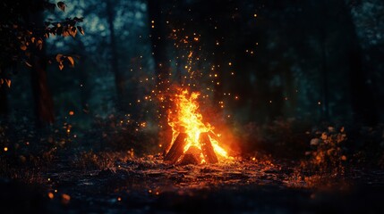 Fototapeta premium A glowing campfire in the middle of a dark forest, with bright flames lighting up the surroundings.