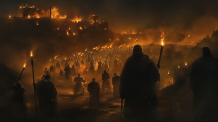 Gideon leading a small band of warriors against a vast enemy camp, with torches and jars in hand.