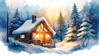 Naklejka premium Vibrant watercolor painting of A cozy cabin nestled in the heart of an enchanted winter forest