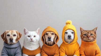 A charming group of pets dressed in cozy sweaters, showcasing their unique personalities and styles for a heartwarming scene.