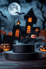 dark product podium standing front Halloween scene filled with glowing pumpkins swirling shadowy haunted house Soft moonlight illuminates podium with faint cobwebs spooky shadows creeping from backgro