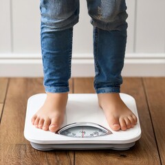 woman, man and child standing on a scale, concept for overweight and healthy nutrition