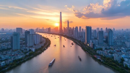 Fototapeta premium Stunning Sunset Over Urban Skyline and River