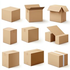A detailed set of cardboard boxes, different sizes and shapes, realistic packaging illustration, isolated on white background