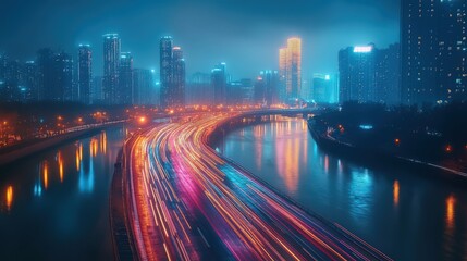 Fototapeta premium Night Cityscape with Vibrant Light Trails Over Water