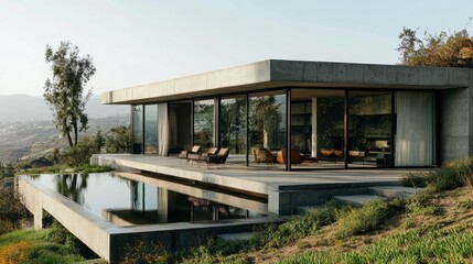 Fototapeta premium A minimalist concrete house set in a natural landscape, with large glass walls that blur the line between inside and outside.
