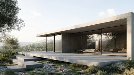 Obraz premium A minimalist concrete house set in a natural landscape, with large glass walls that blur the line between inside and outside.