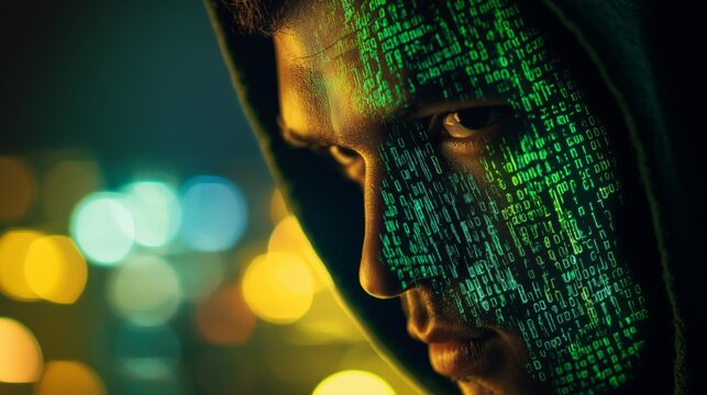 Close-up of a young man with a green programming language on his face