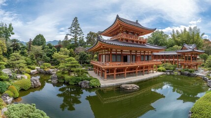 Naklejka premium A panoramic shot of a traditional Japanese temple with its pagoda-style roof and surrounding serene gardens.
