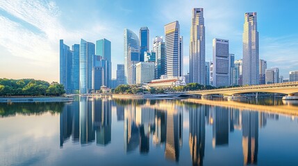 A panoramic shot of an urban skyline reflected in a river, with sleek modern skyscrapers and bridges in the background.