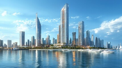 Fototapeta premium A panoramic view of a city waterfront with sleek, modern high-rises and iconic architectural landmarks.