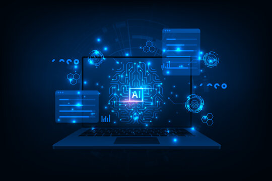 Artificial intelligence chip on a laptop monitor. Abstract digital technology innovation background.