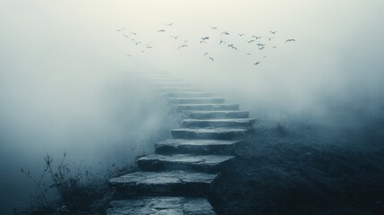 Mysterious Steps Leading into Foggy Landscape