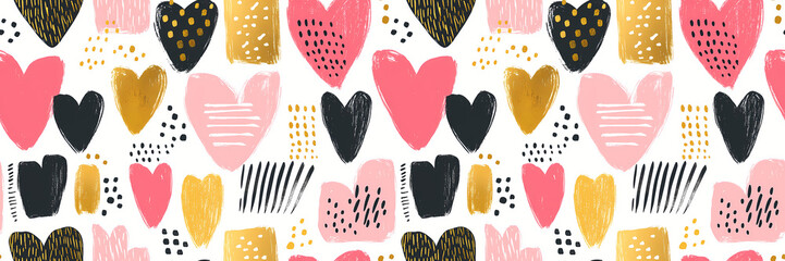Seamless pattern with abstract hearts in pink, black and gold hand drawn style on white background. For Valentines Day card, wrapping paper and love design