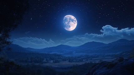 A radiant full moon shining brightly in the night sky, illuminating the landscape below.
