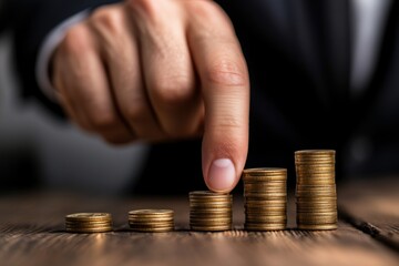 Businessman's hand stacking gold coins into an increasing row on a wooden surface