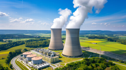 Aerial view of modern nuclear power plant with cooling towers emitting steam against clear blue sky, surrounded by lush green fields, symbolizing clean energy and environmental balance.