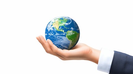 A business-like hand cradles a small globe, symbolizing global responsibility, care for the planet, and the connection between humanity and Earth.