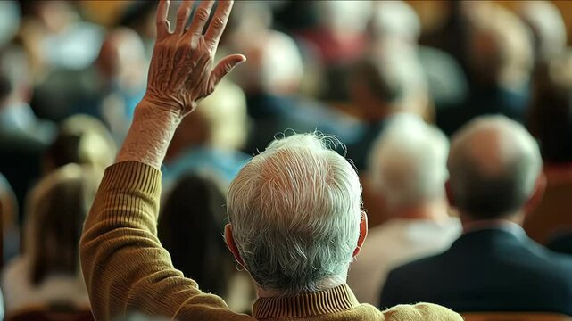 Senior person takes part in town hall meating