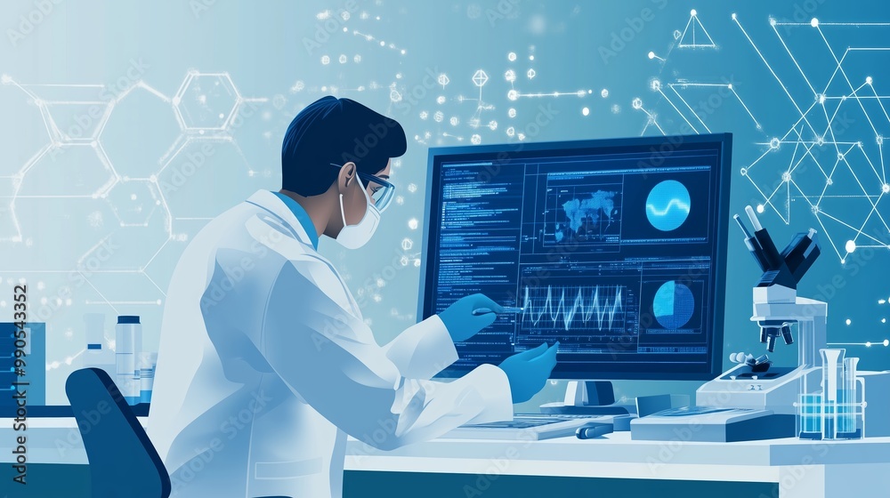 Poster a scientist analyzes data on a computer in a modern laboratory during a research project focused on 
