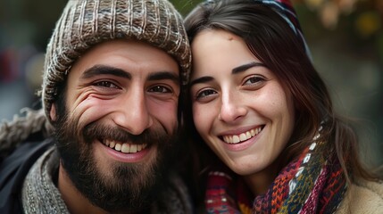 Obraz premium Joyful young Italian couple smiling together, capturing the essence of romance and the vibrant spirit of their cultural connection