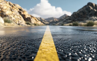 3D rendering of a road showcases ultra-realistic detail with smooth asphalt, a vibrant landscape, and a dynamic perspective.