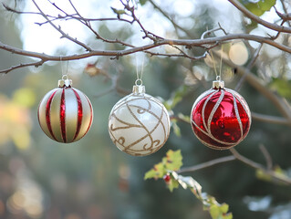 Obraz premium Holiday ornaments hanging from tree branches.