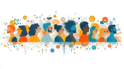 Fototapeta premium An abstract illustration of people from different cultures and backgrounds working together, symbolizing global collaboration and teamwork.