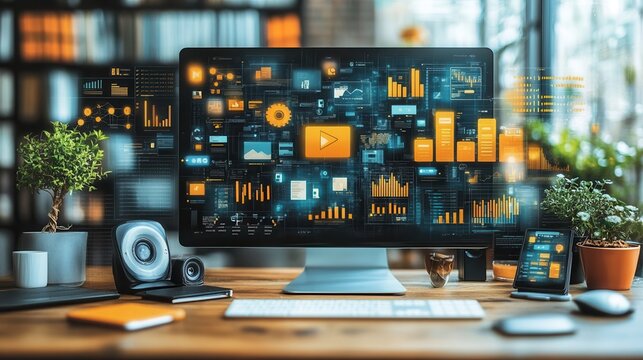 A visually dynamic image showing various digital marketing channels and platforms working together, highlighting social media, SEO, email, and paid advertising.