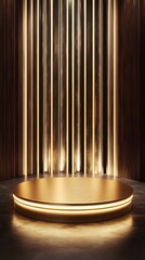 A circular podium with a gold metallic texture, surrounded by golden columns of light shining down