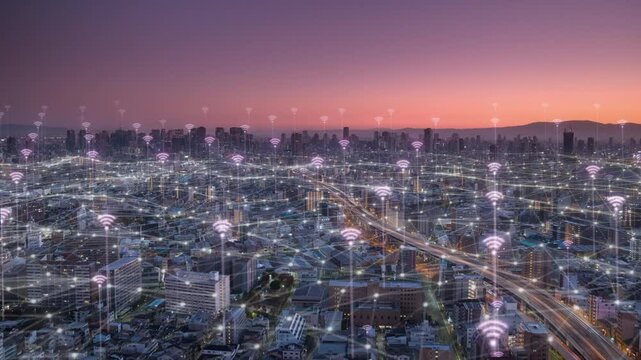 smart city internet wifi network growing over cityscape,wireless 5g communication technology development,wifi signal icons grow over the town 