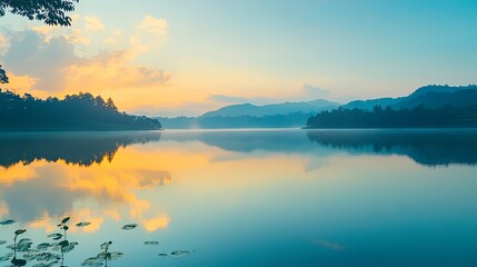 Serene panorama of a tranquil lake at sunrise, showcasing the stunning reflections of the colorful sky and majestic surrounding mountains