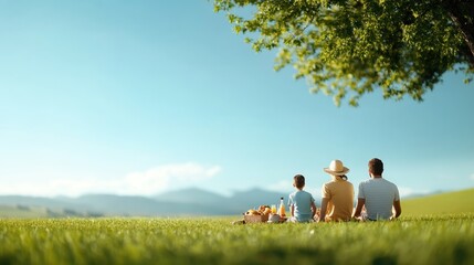 A serene family enjoying nature together in a lush green field, surrounded by mountains under a clear blue sky.