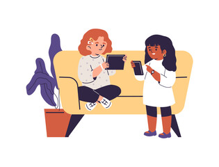 Illustration of little girls sitting on a sofa with a phone and a tablet.