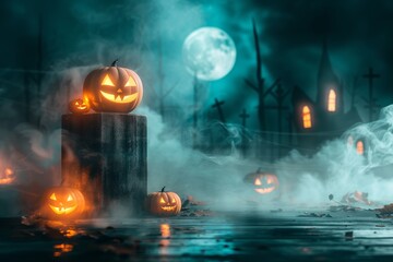dark product podium standing front Halloween scene filled with glowing pumpkins swirling shadowy haunted house Soft moonlight illuminates podium with faint cobwebs spooky shadows creeping from backgro