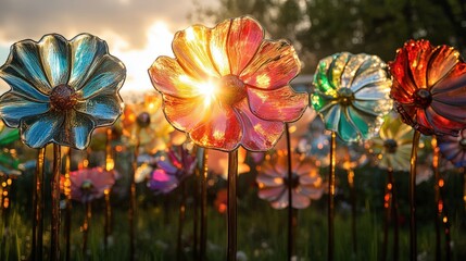 Obraz premium Colorful Glass Flowers in Sunset Glow