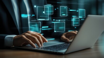 Professional engaged in data processing using a laptop in a modern office setting with digital elements highlighting productivity