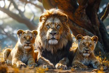 Obraz premium lion with lioness, cubs lie near tree in African savannah, family of carnivorous predators.