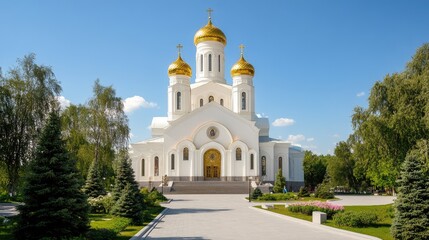 A breathtaking view of Nikolai Orthodox Church with golden domes under a clear blue sky, surrounded by lush greenery and vibrant flowers