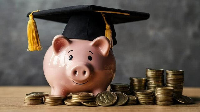 piggy bank with toga hat and coins for education savings