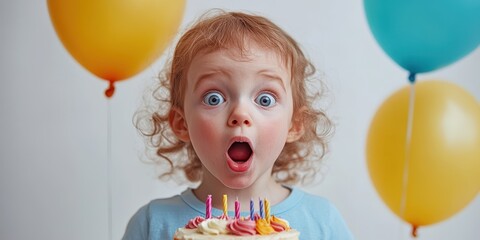 A joyful child with curly hair expressing surprise while holding a colorful birthday cake with candles, surrounded by festive balloons.