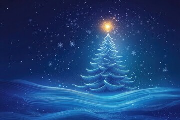 Illustration of Christmas Tree Adorned for the Holidays: A Scenic View of Snowy Hills and Glowing Stars