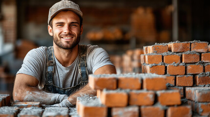 A cheerful bricklayer poses confidently with bricks at a construction site, showcasing his dedication and craftsmanship during the day
