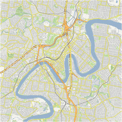 Map of Brisbane center in Australia in a normal road map style. Contains layered vector with roads water, parks, etc.