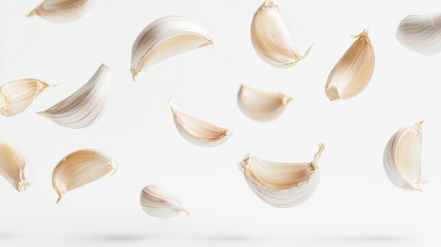 Garlic cloves in mid-air, captured with soft lighting against a clean white background, creating a minimalist aesthetic.